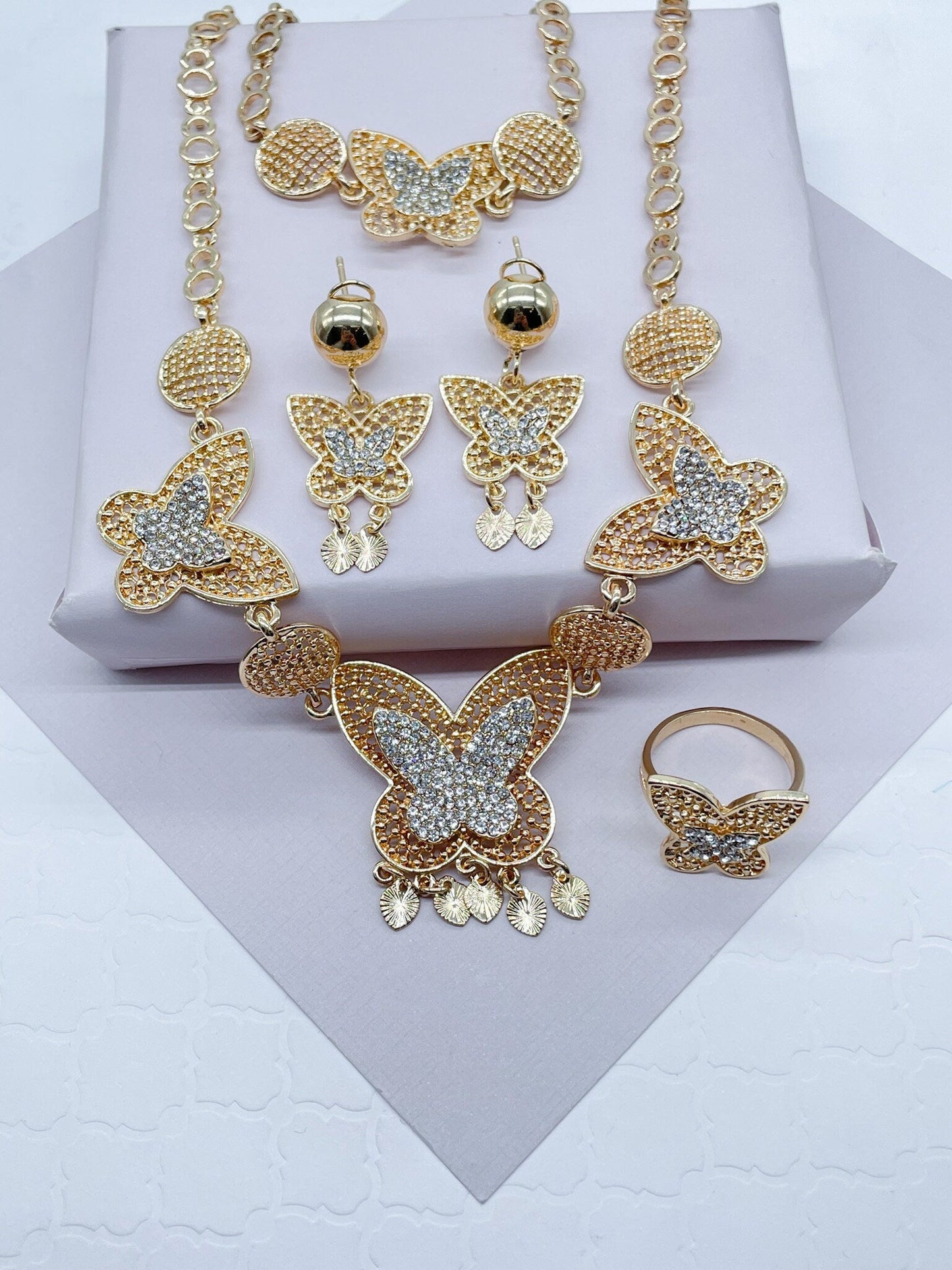 18k Gold Layered Cubic Zirconia Butterfly Light Set, Chunky Jewelry Gold Layered