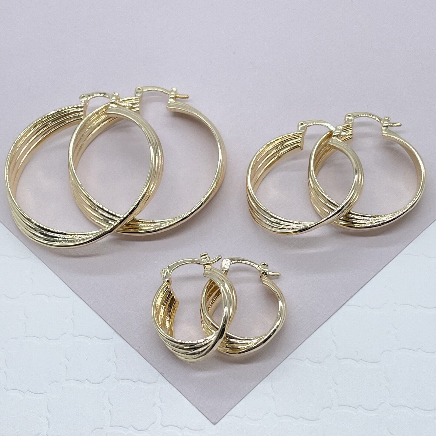 18k Gold Layered Four Layers Twisted 8mm Thick Hoop Earrings, Sizes 20mm, 30mm,