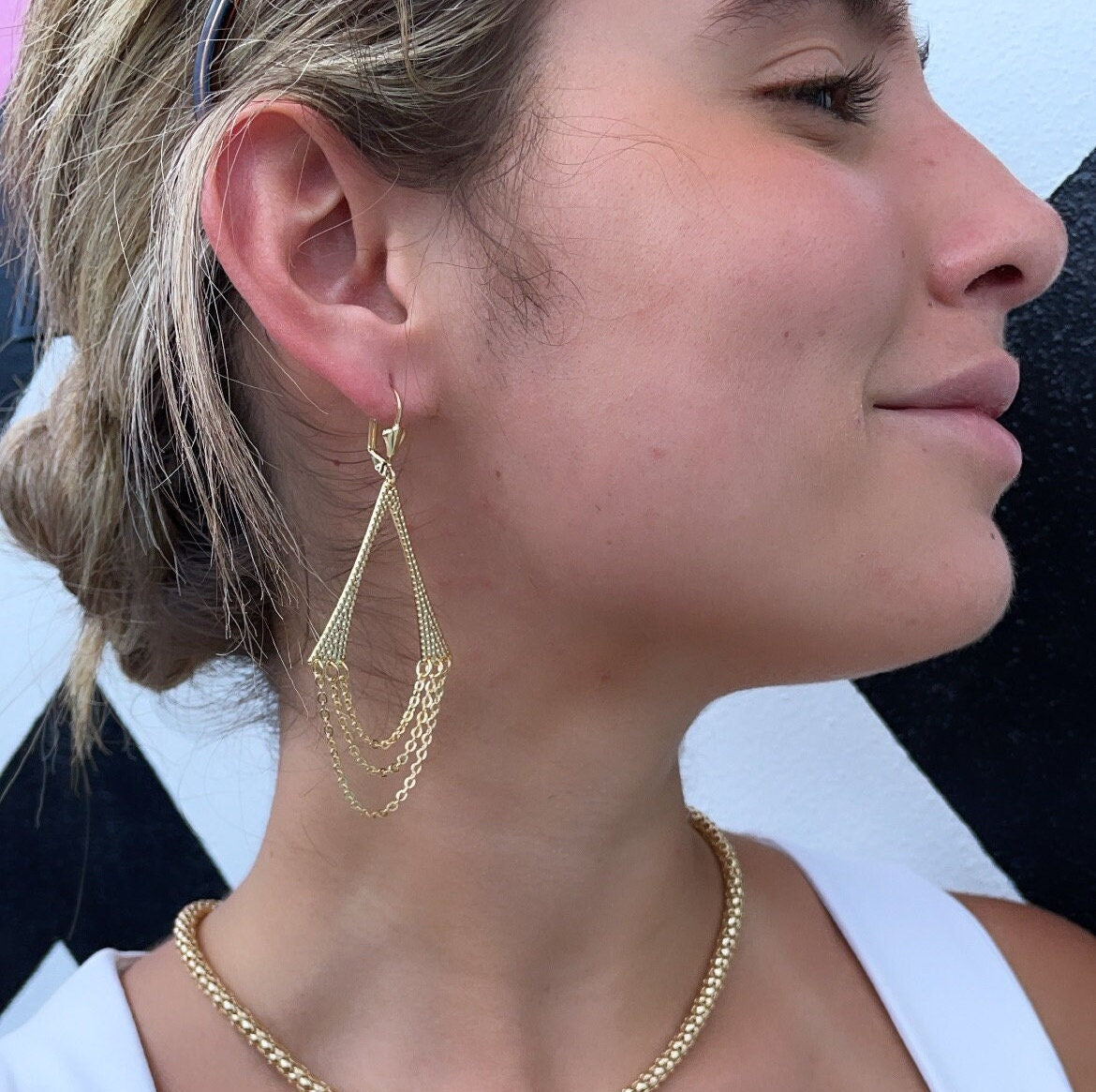 18k Gold Layered Light Chandelier Dangling Earrings Featuring 3 Cable Chain And