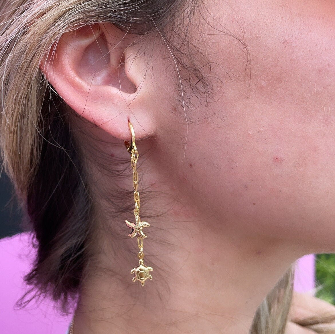 18k Gold Layered Starfish and Turtle Dangling Earrings, Sea Ocean Marine Jewelry,
