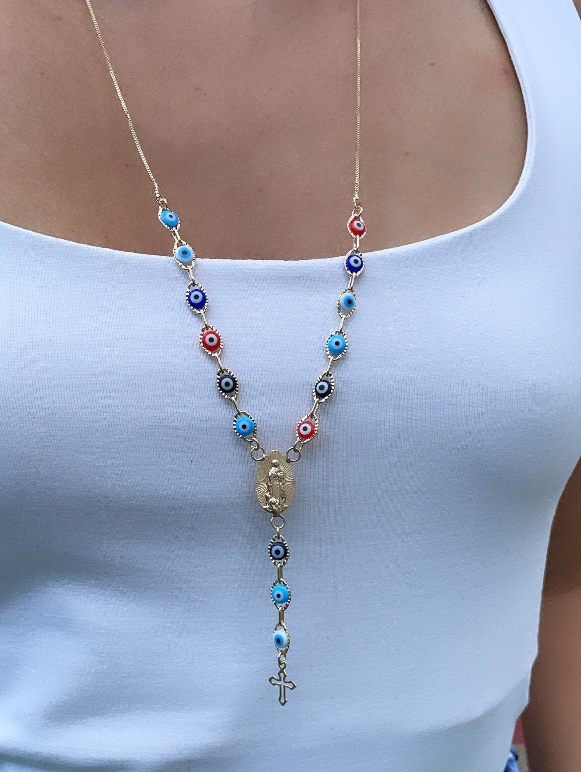 18k Gold Layered Evil Eye Fashion Rosary Style Necklace Featuring Our Lady Of