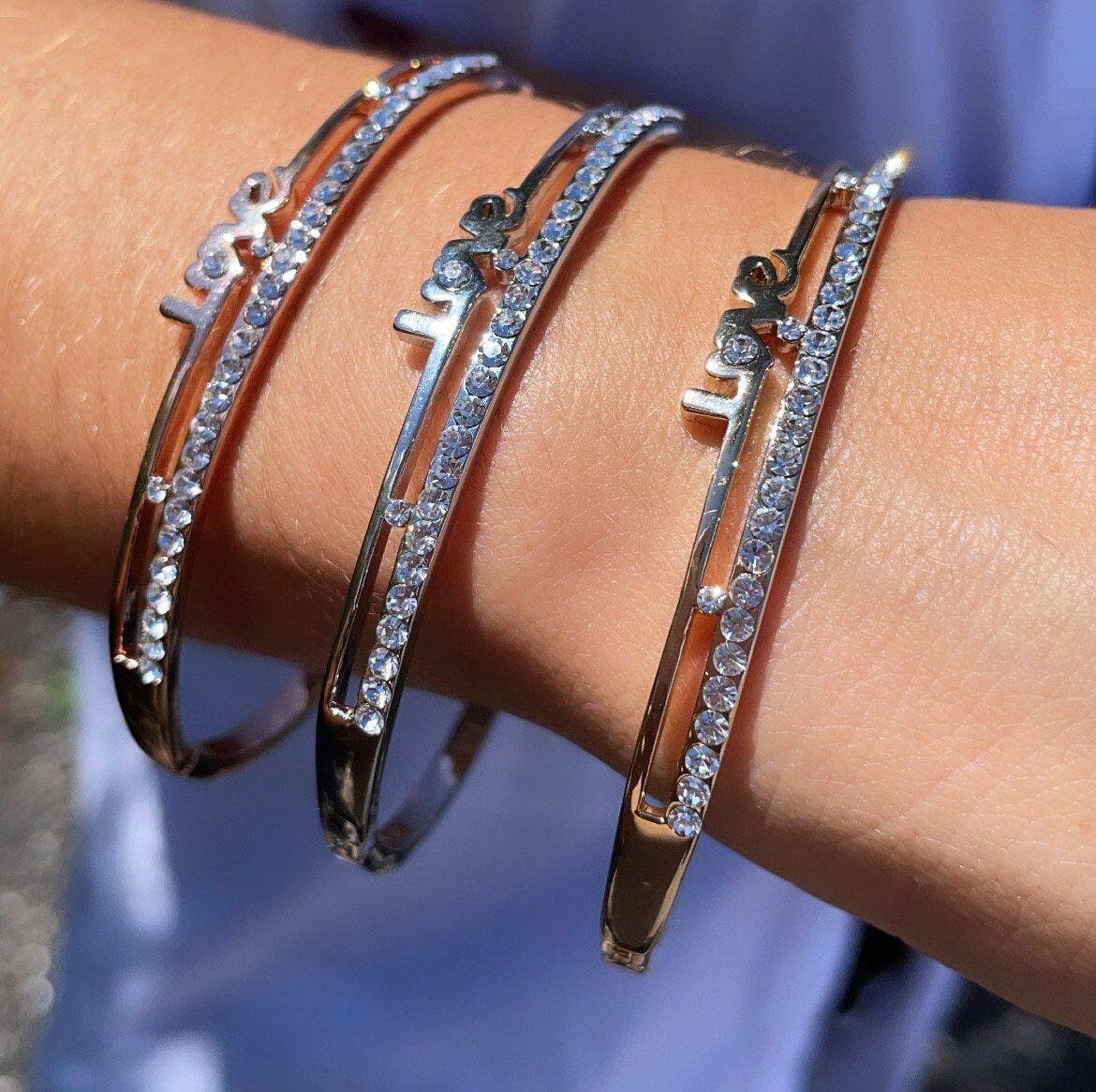 18k Gold Layered Cubic Zirconia Love Bangle Bracelet in Gold, Silver or Rose Gold