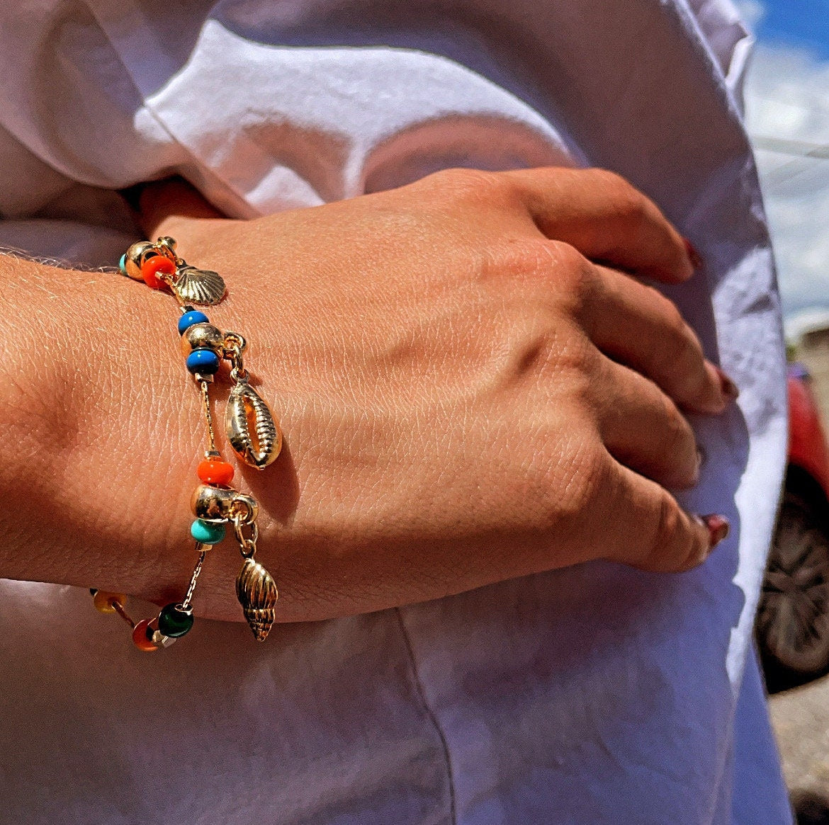 18k Gold Layered Colorful Bead Bracelet Featuring Ocean Cowrie Shell Charms,