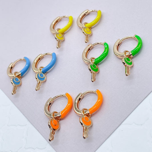 18k Gold Layered, Colorful Earrings with Dangling Key Clicker Colored Hoops