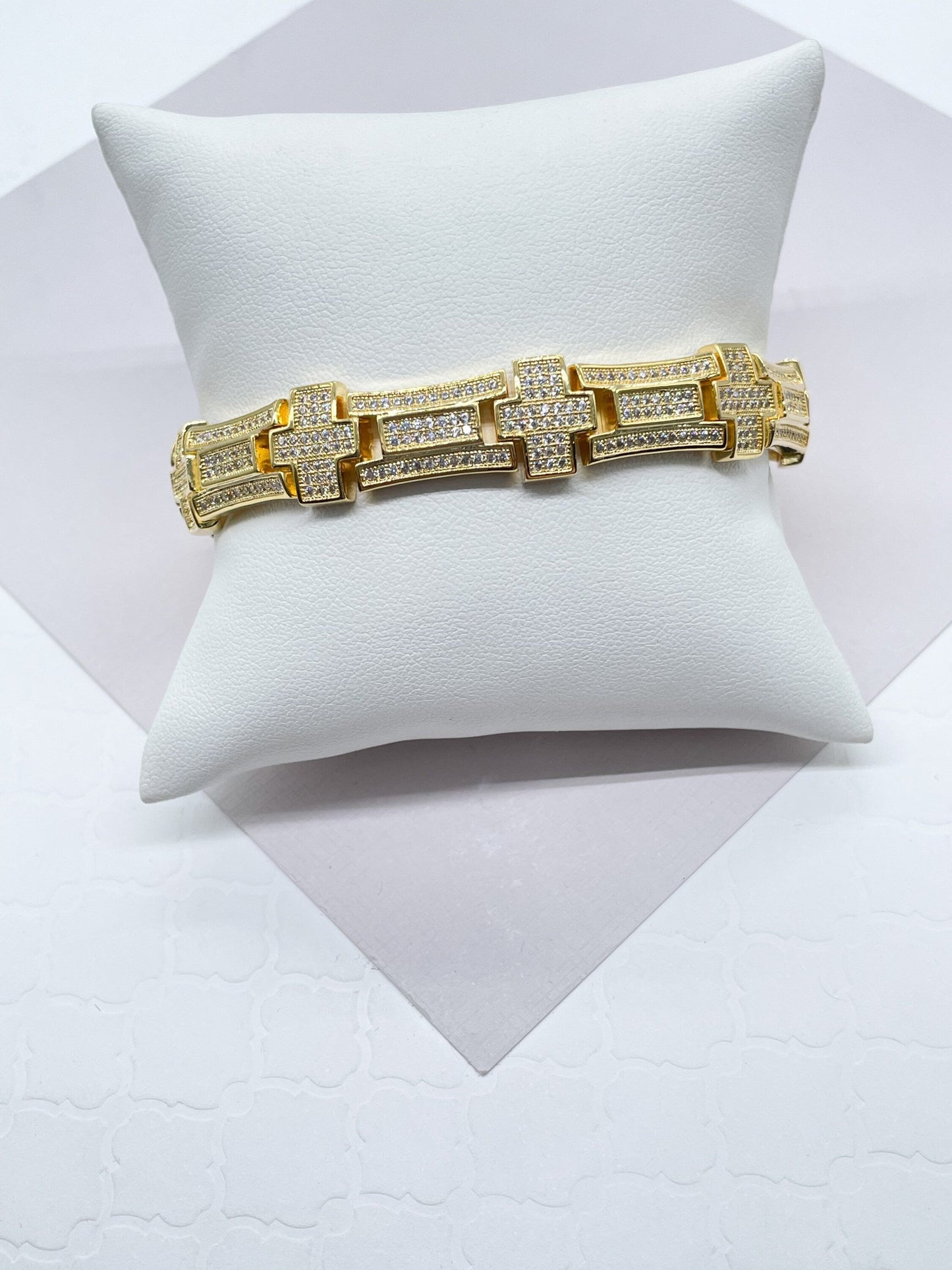 9mm Iced 18k Gold Layered Men's Cross Link Bracelet With Micro Pave Clear Cubic