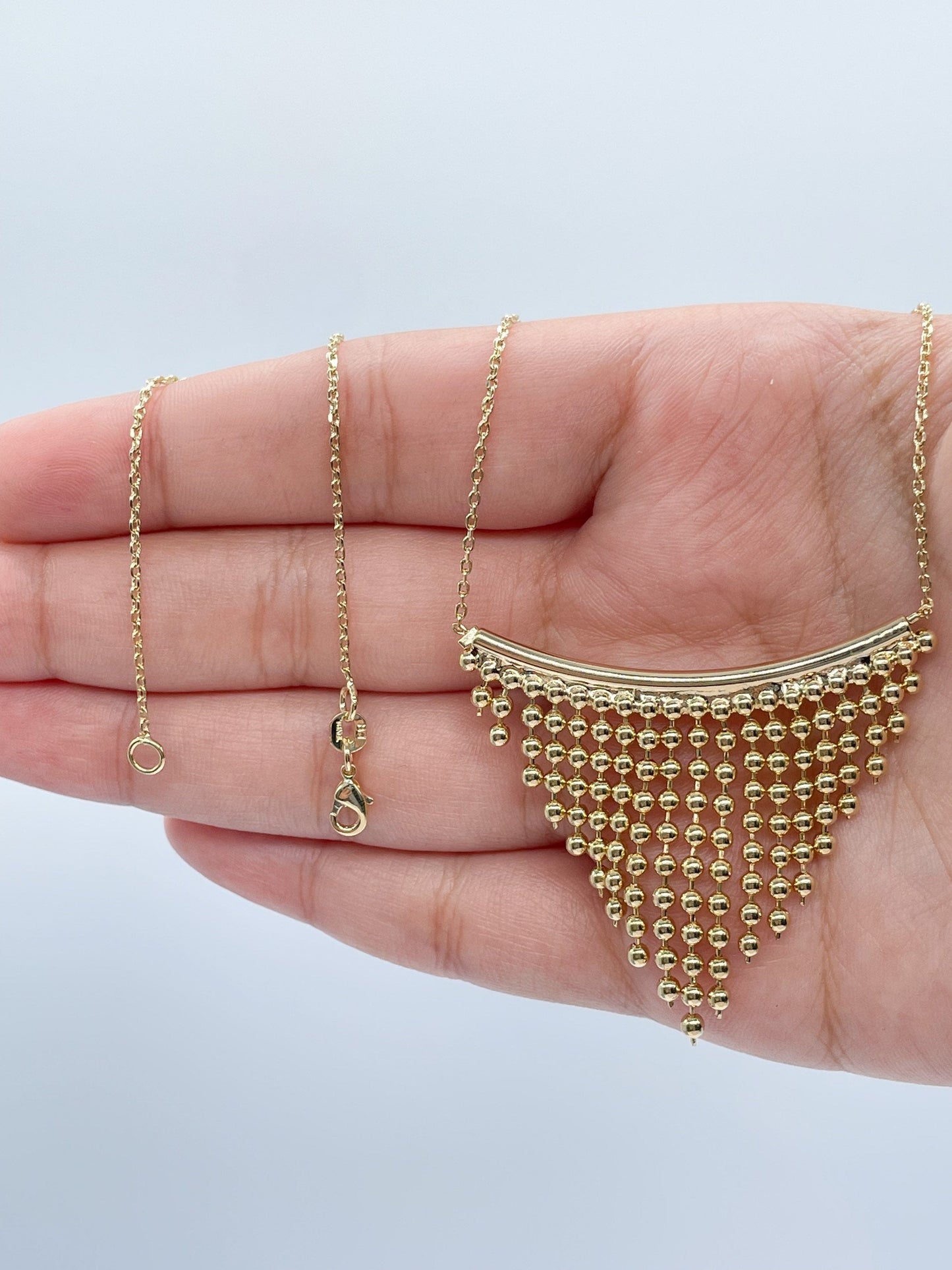 18k Gold Layered Boho Chain Necklace Fringe Dangling Beads, Mesh Inverted Gold