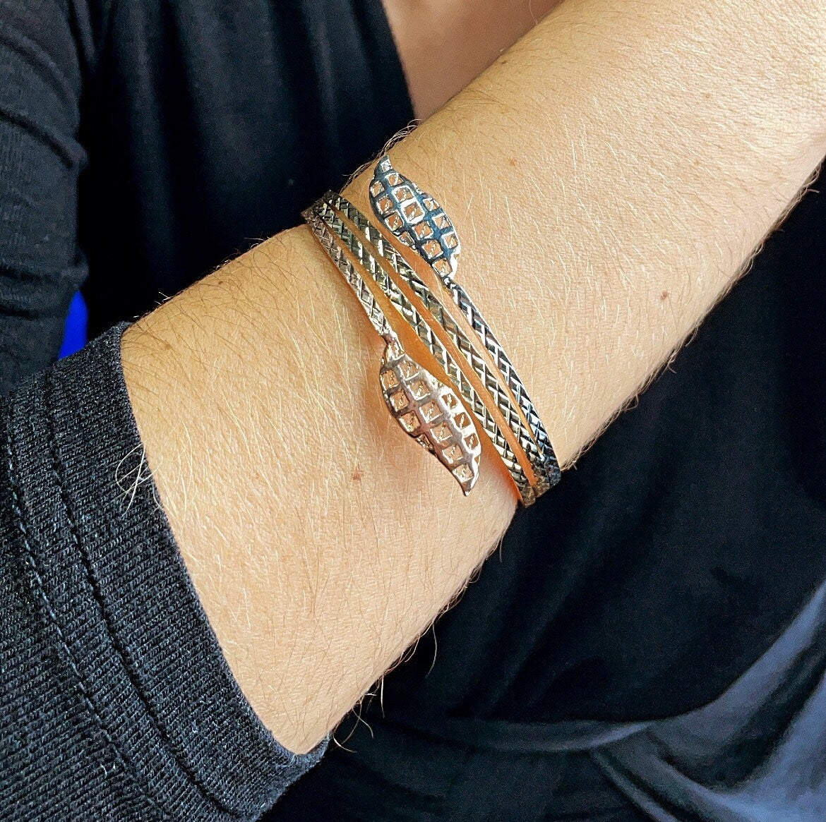 18k Gold Layered Tri-Color Cuff Bracelet Featuring Texture Leaves On Two Ends,