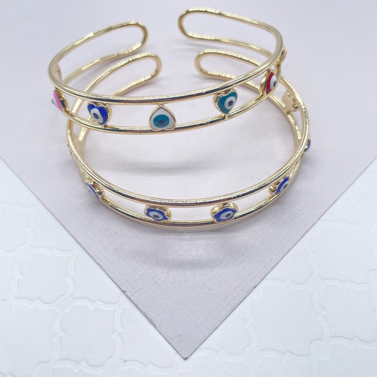 18k Gold Layered Colorful Evil Eye Cuff Bracelets Featuring Flower, Heart or