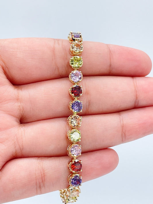 18k Gold Layered Round Multi-Color Cubic Zirconia Bracelet, Colorful CZ Bracelet,