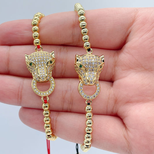 18k Gold Layered Leopard Face Adjustable Bracelet with Zirconia For Women, High