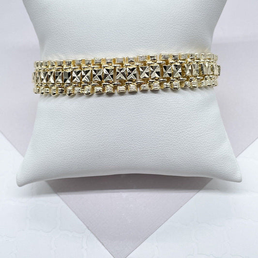 Vintage Diamond Cut Style 18k Gold Layered Thick X - Patterns Bracelet, Motion