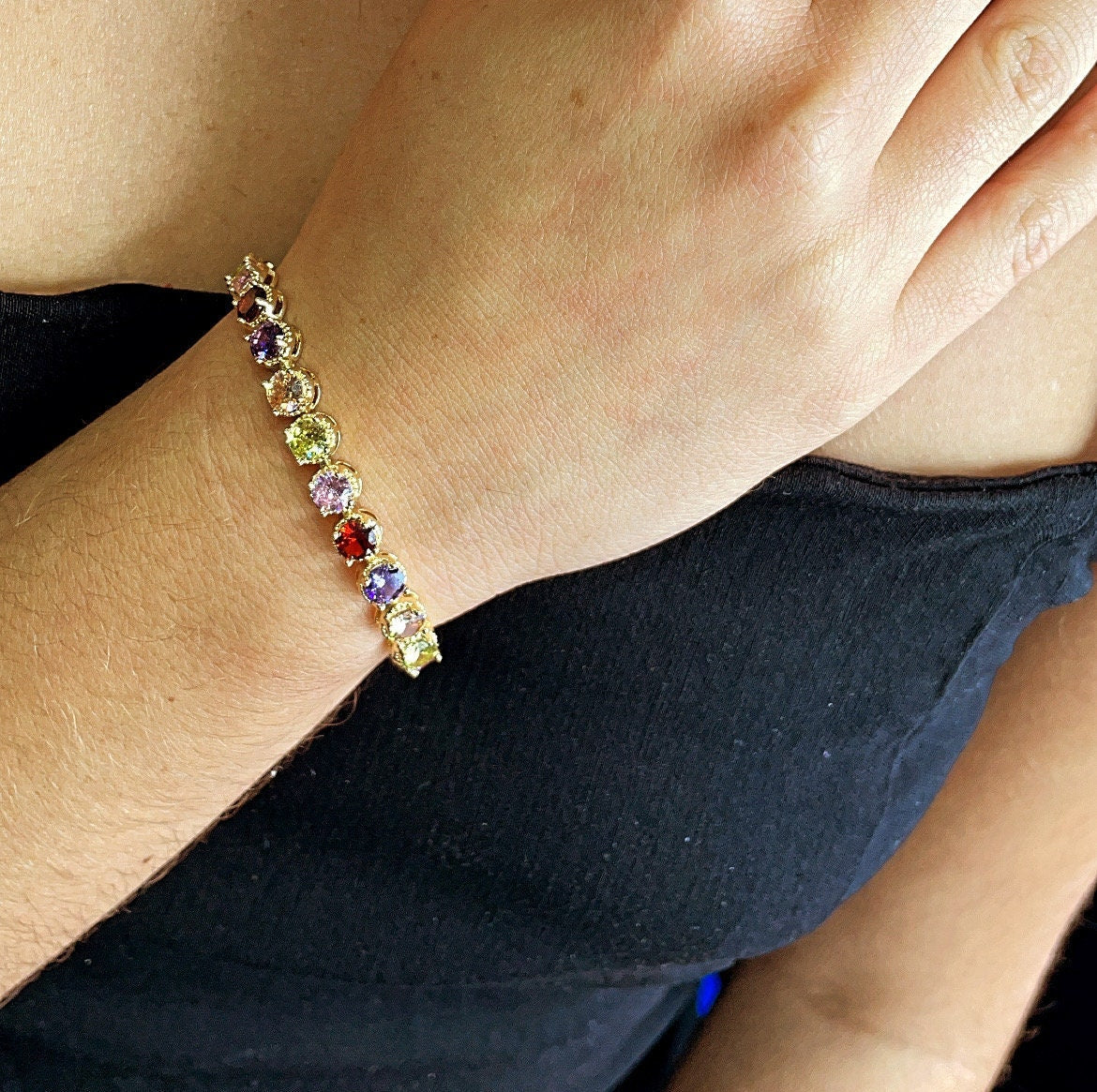 18k Gold Layered Round Multi-Color Cubic Zirconia Bracelet, Colorful CZ Bracelet,