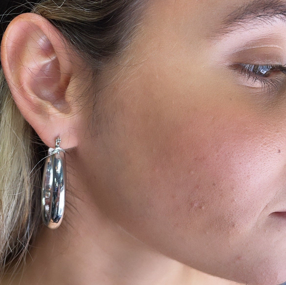 18k Gold Layered Thick Flat Inside Hoop Earrings, Plain Gold Fat 40mm Hoops,