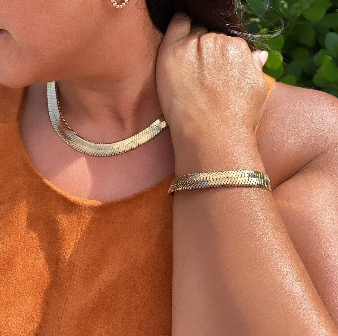 18k Gold Layered 10mm Herringbone Necklace For Layering Jewelry