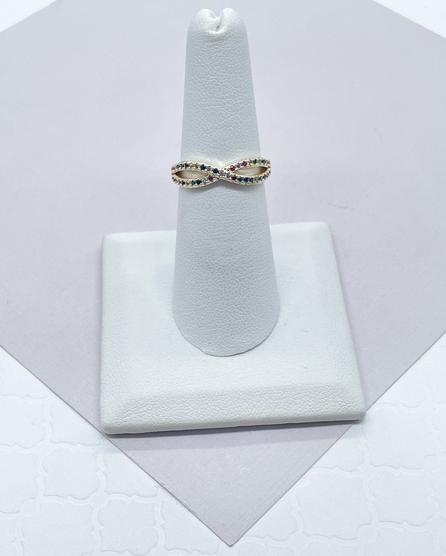 18k Gold Layered Infinity Ring Featuring Multi Color Micro Pave Cubic Zirconia