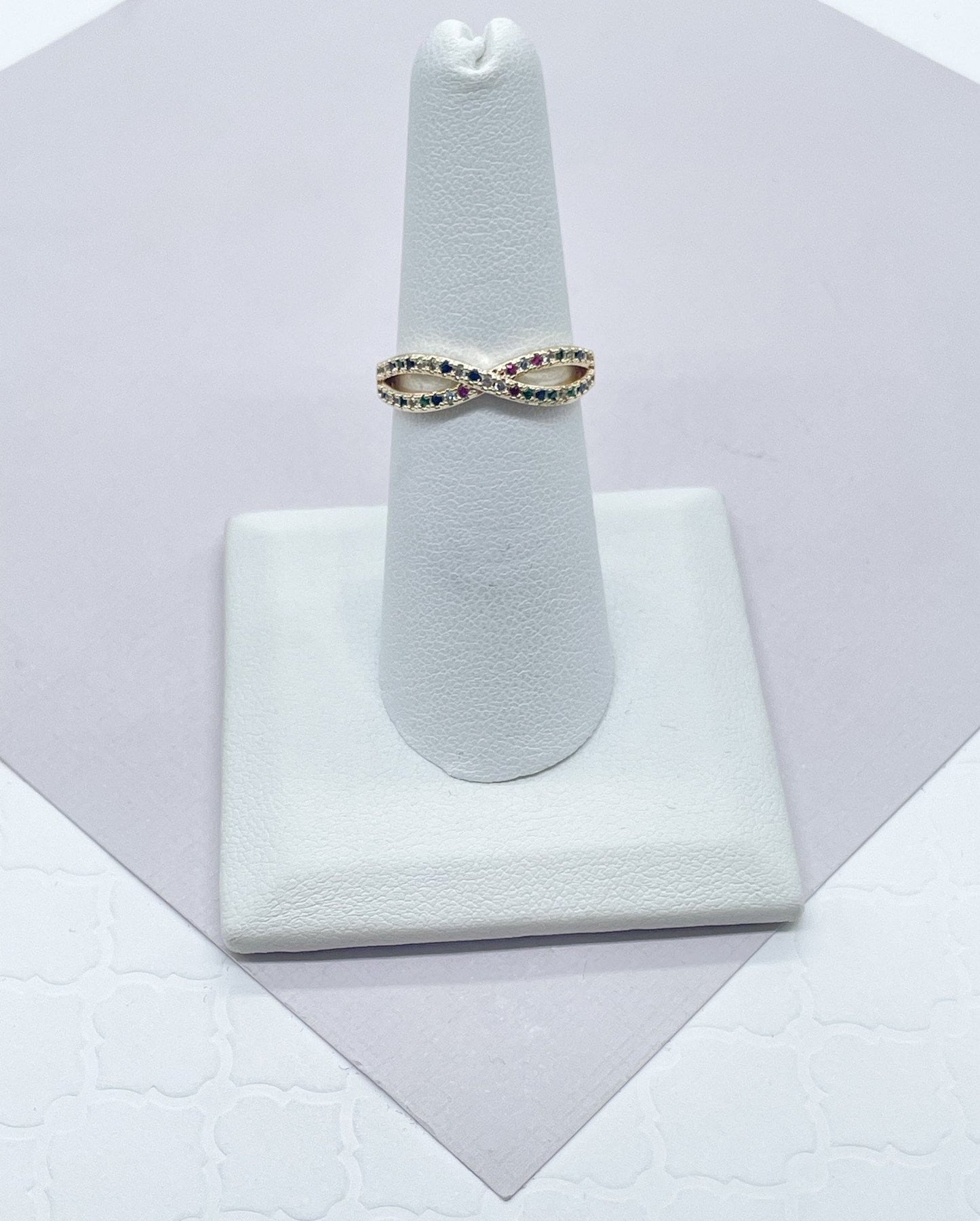 18k Gold Layered Infinity Ring Featuring Multi Color Micro Pave Cubic Zirconia
