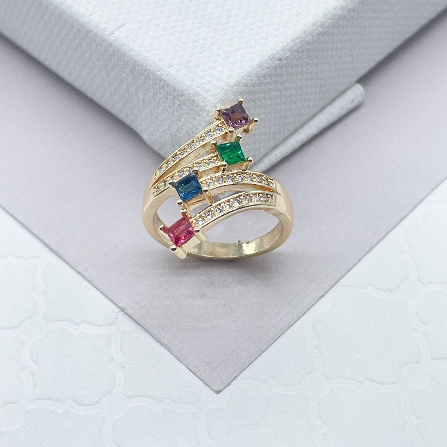 18k Gold Layered Ring with 4 Multi Color Princess Cut Zirconia Stone Featuring