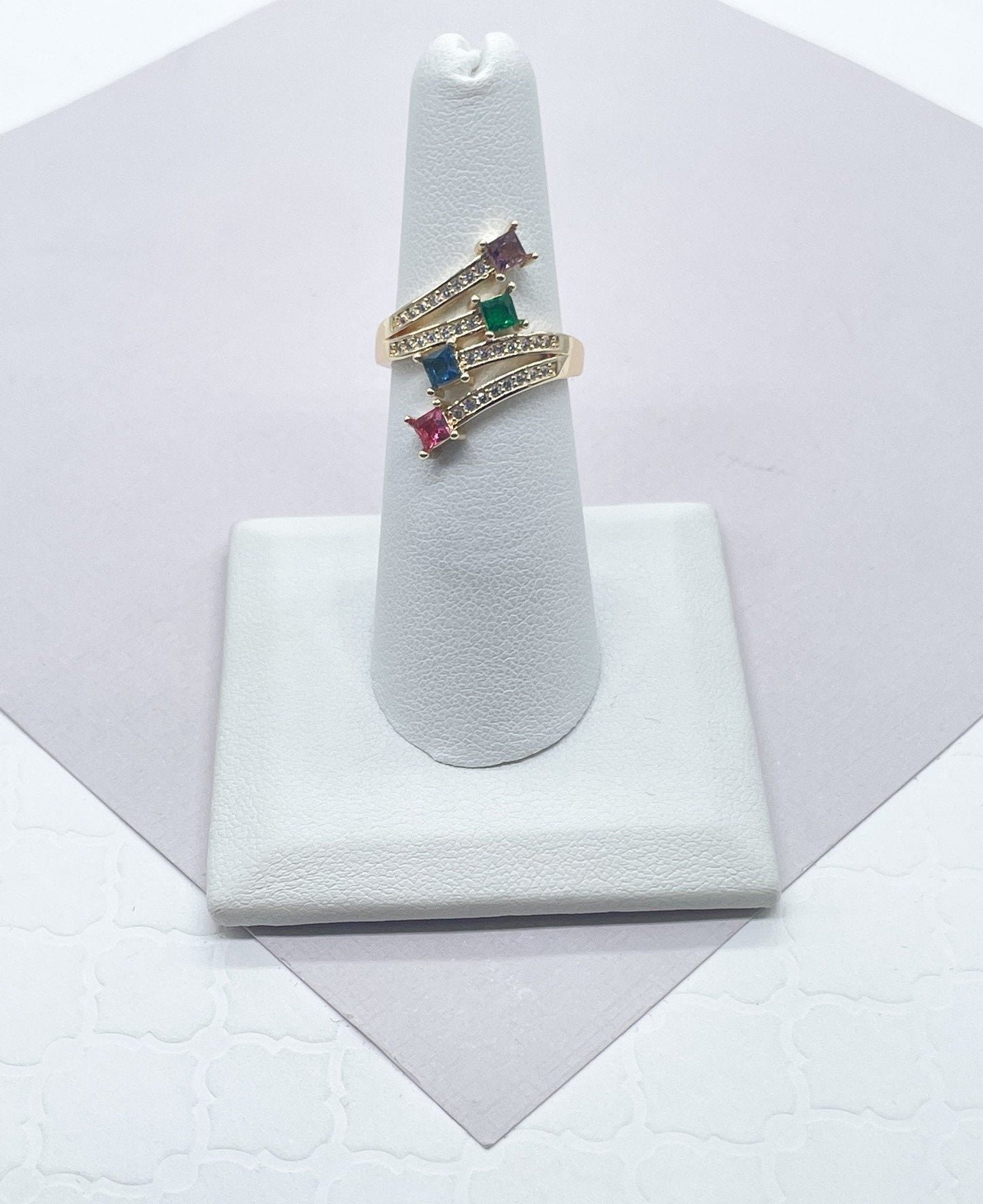 18k Gold Layered Ring with 4 Multi Color Princess Cut Zirconia Stone Featuring