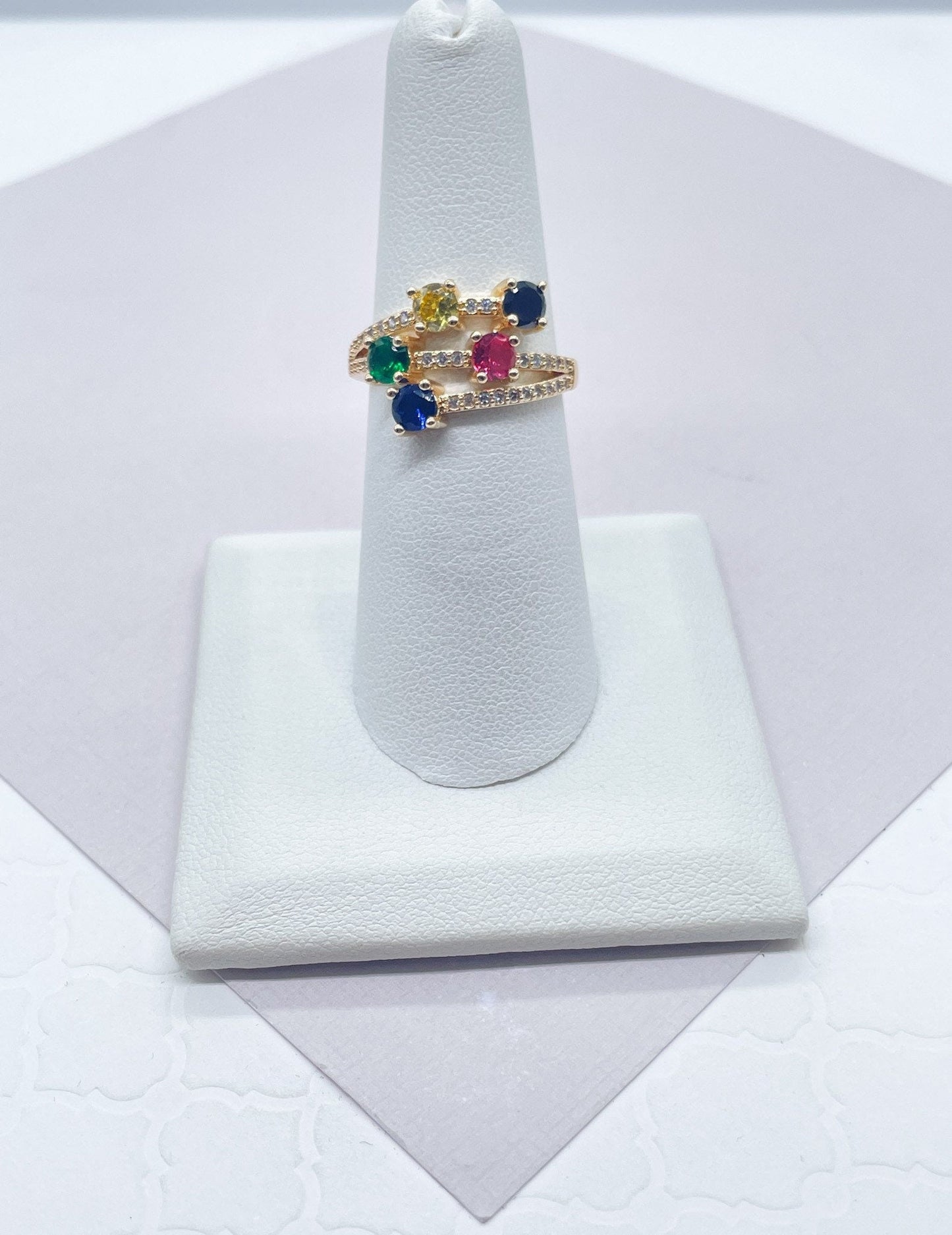 18k Gold Layered with Five Multi Color Cubic Zirconia Stones Ring Details In