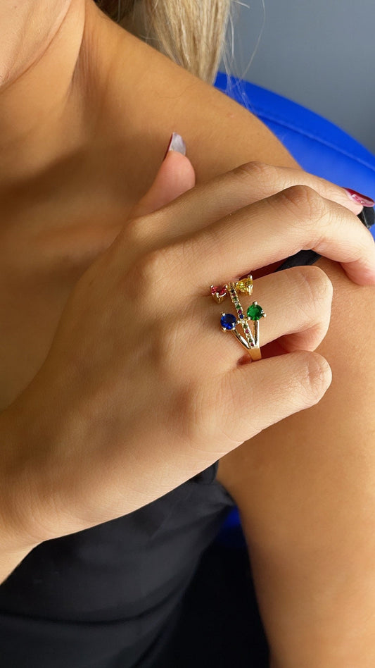 18k Gold Layered Pink, Blue, Yellow and Green Color Cubic Zirconia Stones Ring