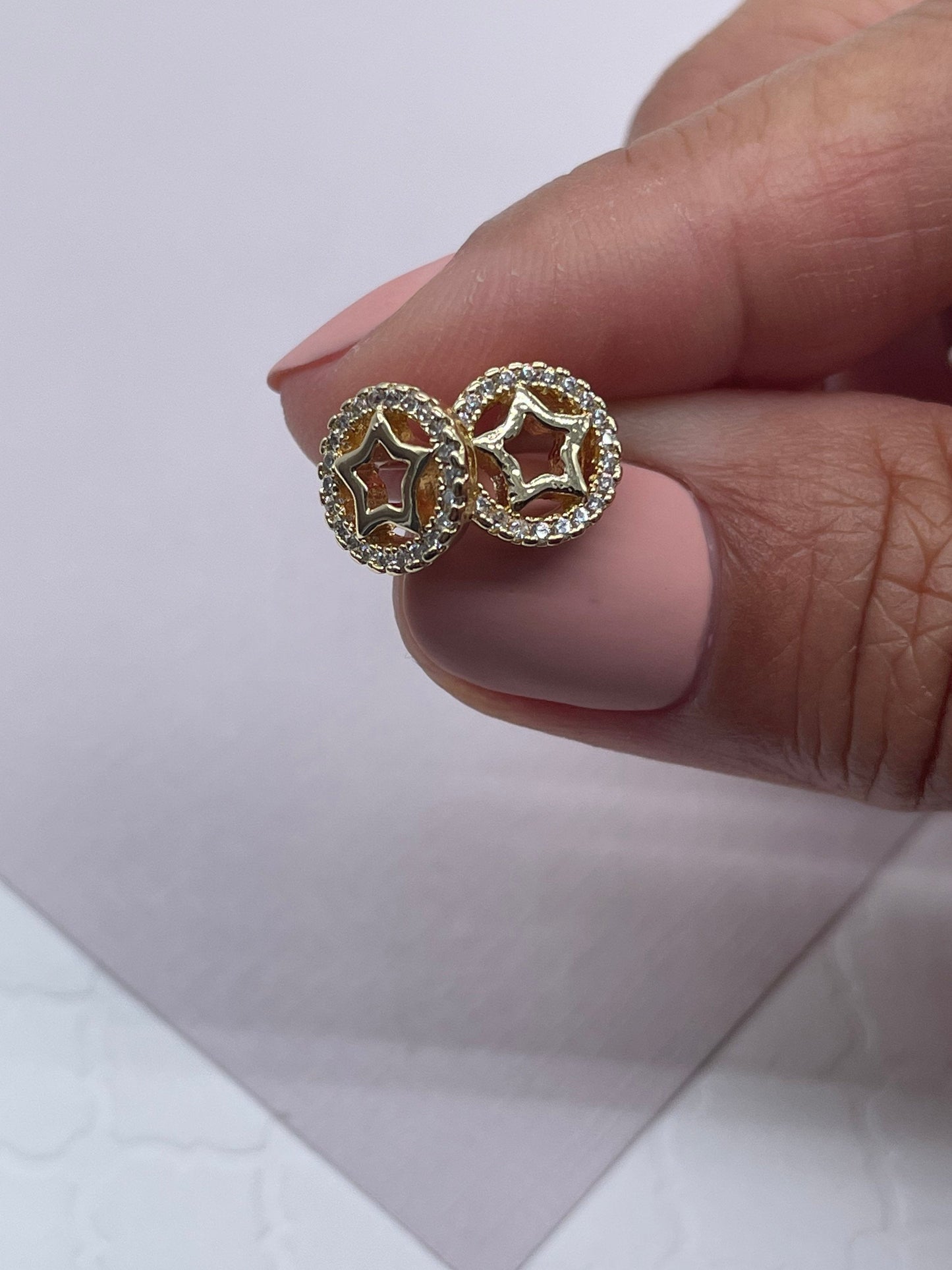 18k Gold Layered Star Inside Circle of Cubic Zirconia Stud Earrings, Small