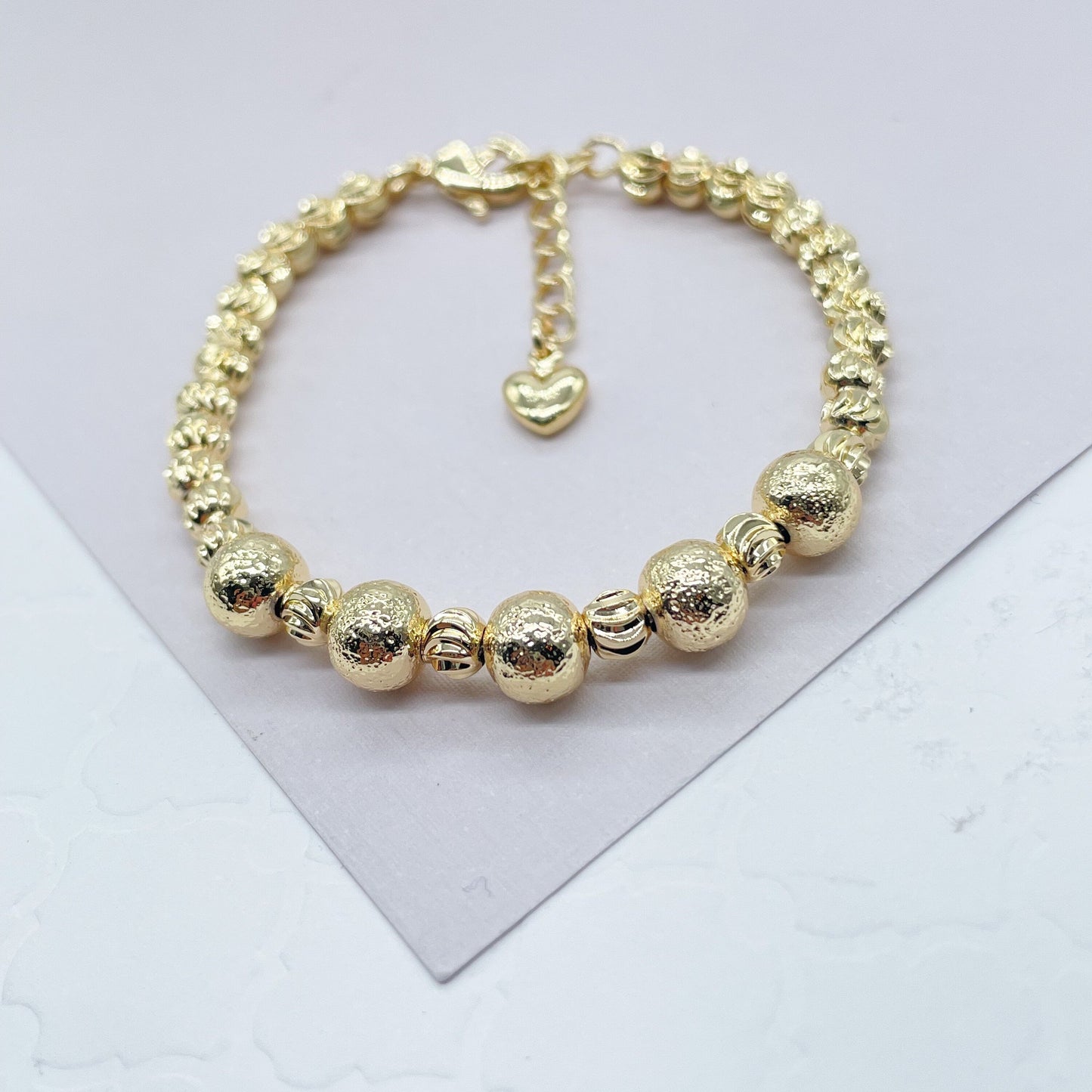 18k Gold Layered Crackle Beaded Kids Bracelet Featuring Fancy Corrugated Small
