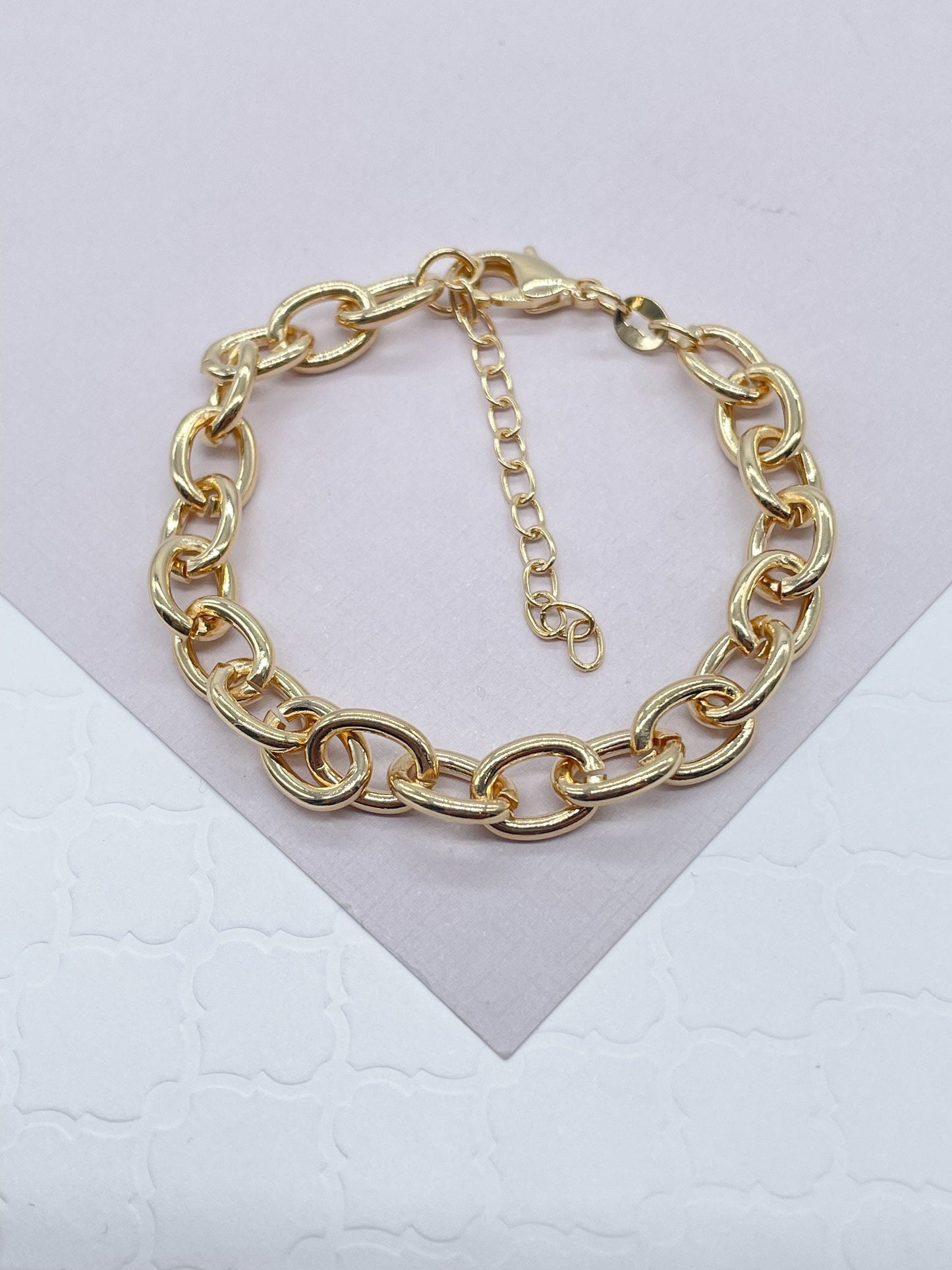 18k Gold Layered Chunky "but Light" Link Necklace Bracelet Set With Extenders,