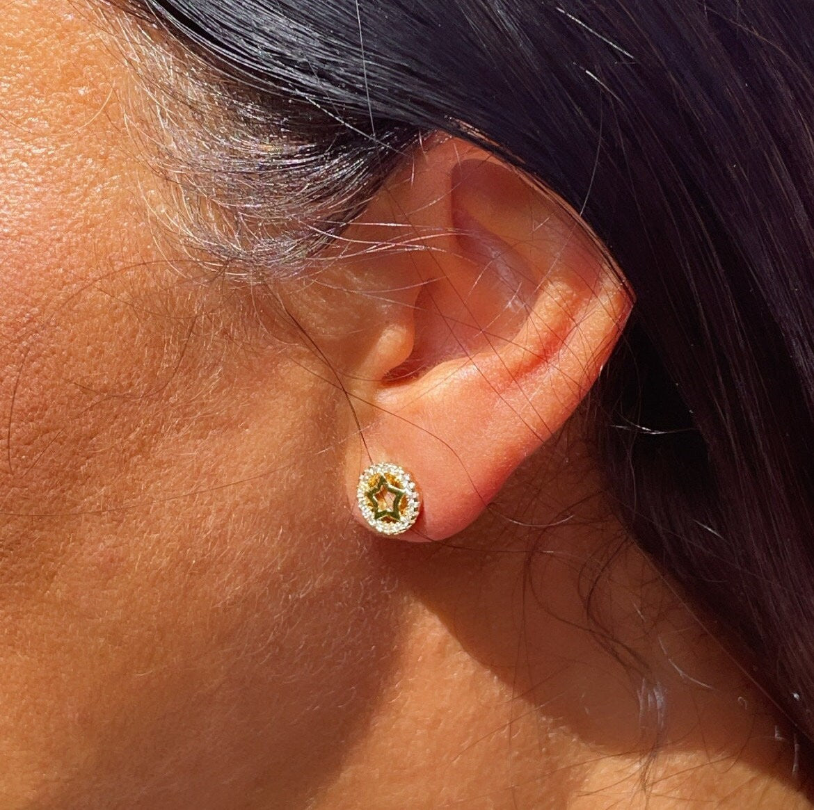 18k Gold Layered Star Inside Circle of Cubic Zirconia Stud Earrings, Small