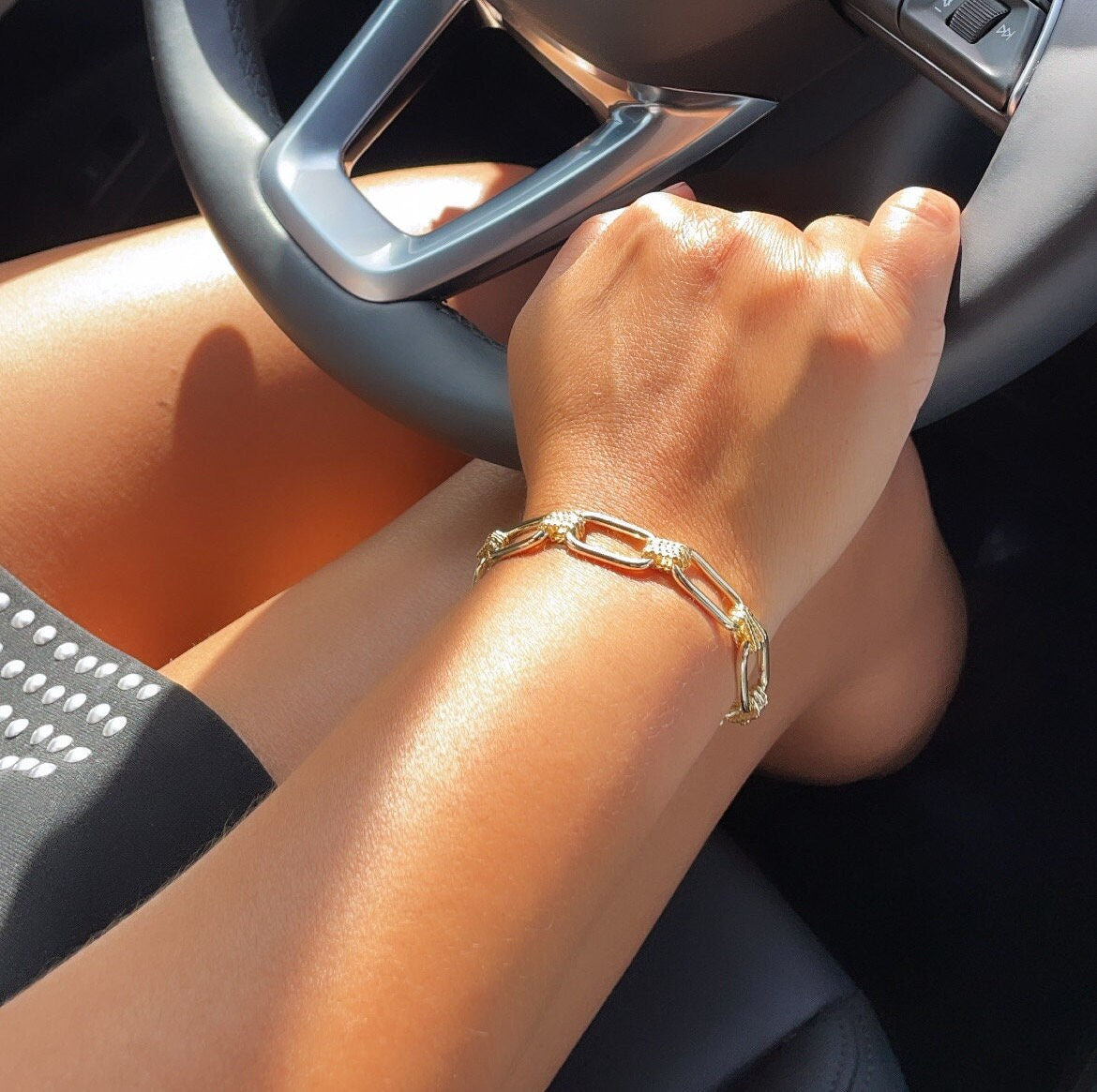 18K Gold Layered Designed Paper Clip Link Bracelet, Designer Women Bracelet, Gold