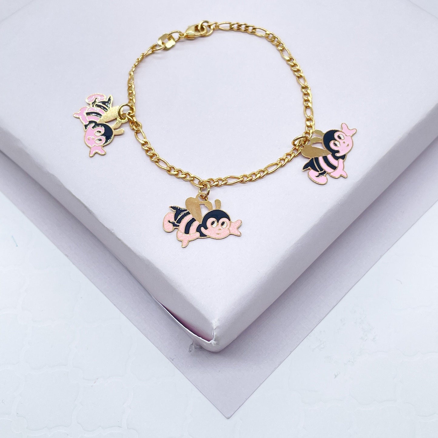Cute 18k Gold Layered Children’s Colorful Charm Bracelet, Fish, Elephant, Bee,