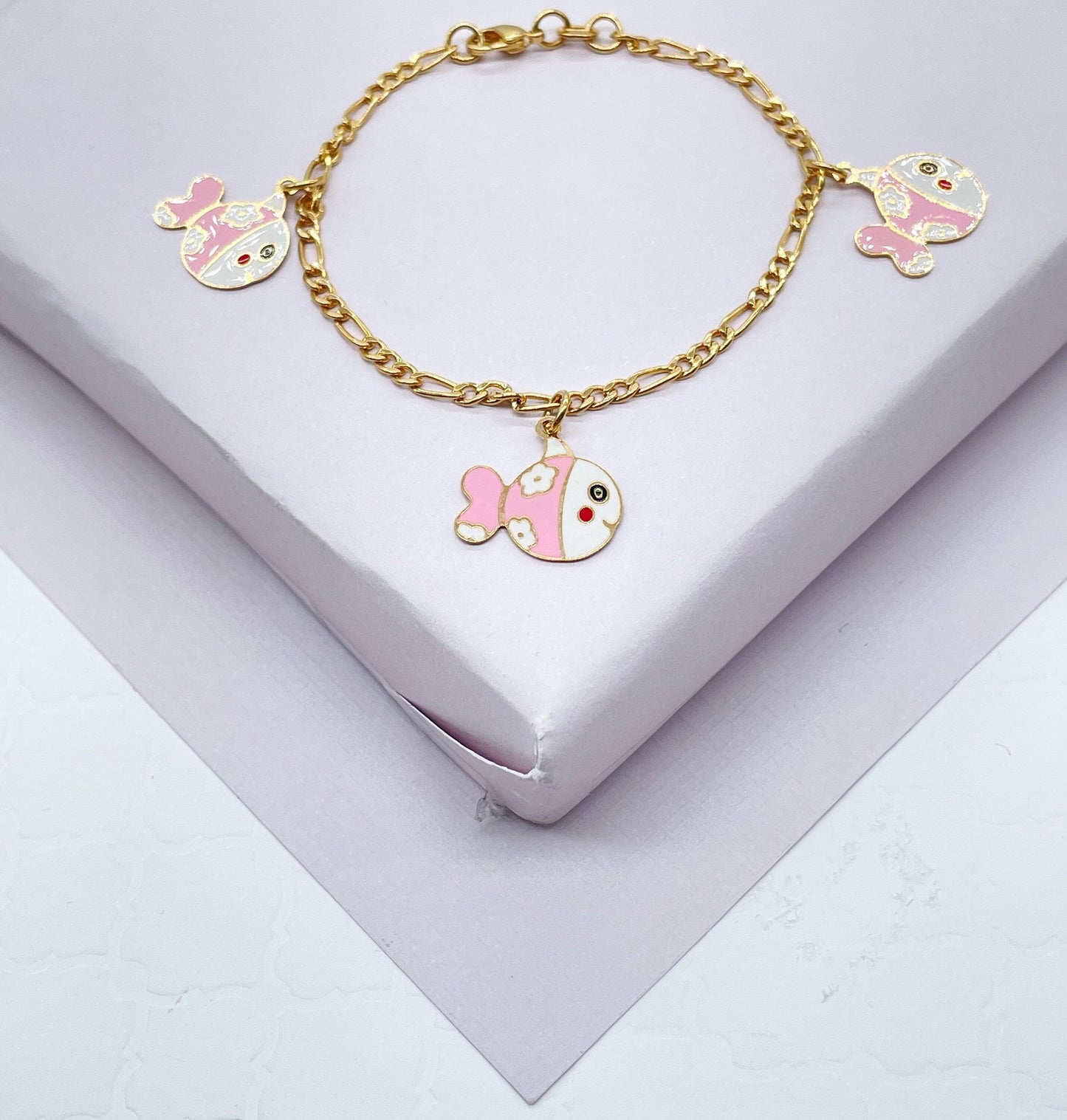Cute 18k Gold Layered Children’s Colorful Charm Bracelet, Fish, Elephant, Bee,