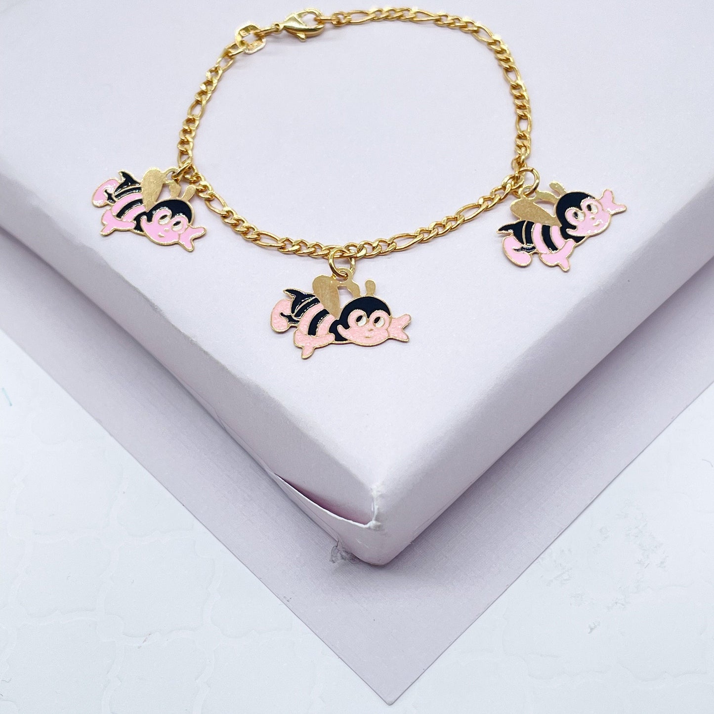 Cute 18k Gold Layered Children’s Colorful Charm Bracelet, Fish, Elephant, Bee,