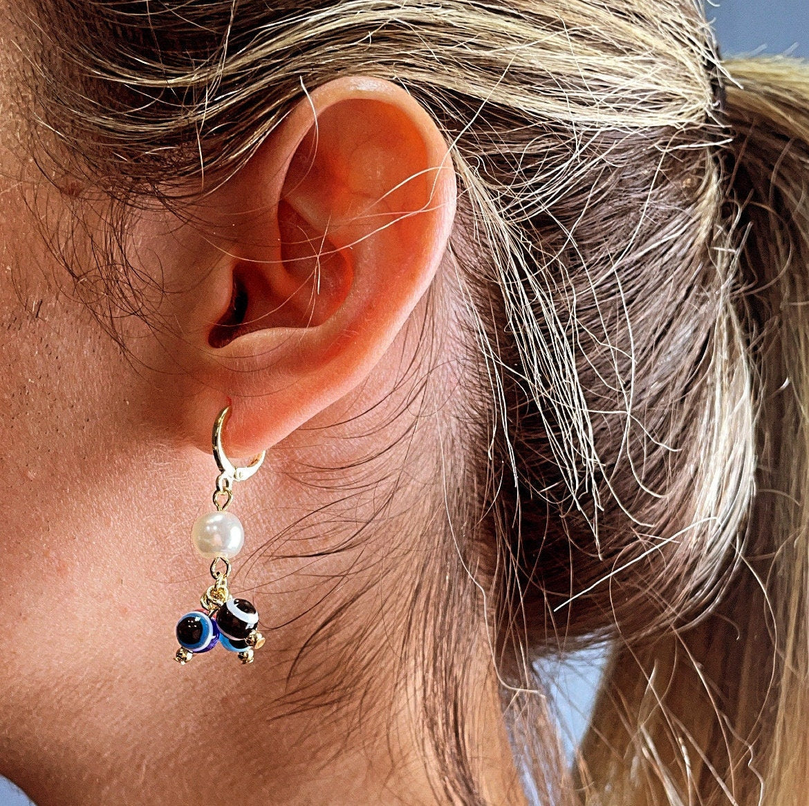 18k Gold Layered Pearl and Evil Eyes Dangling Earrings Featuring Red, Blue, Black