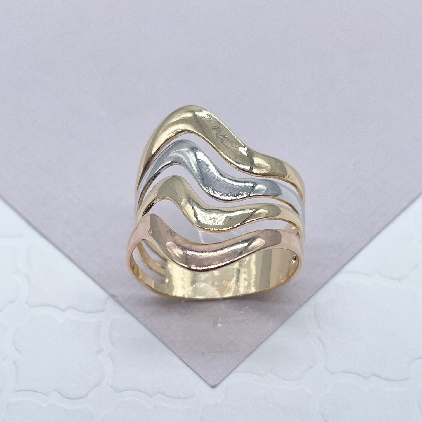 Fine 18k Gold Layered Multiple Fancy Waves Ring, Simple Plain Gold Waves