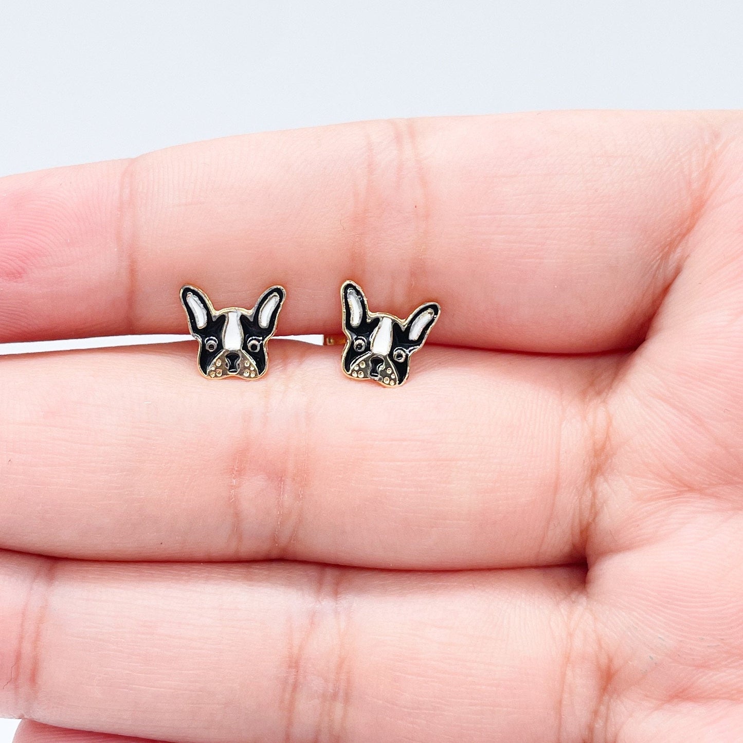 18k Gold Layered Enamel French Bulldog Face Stud Earrings Colored Black White