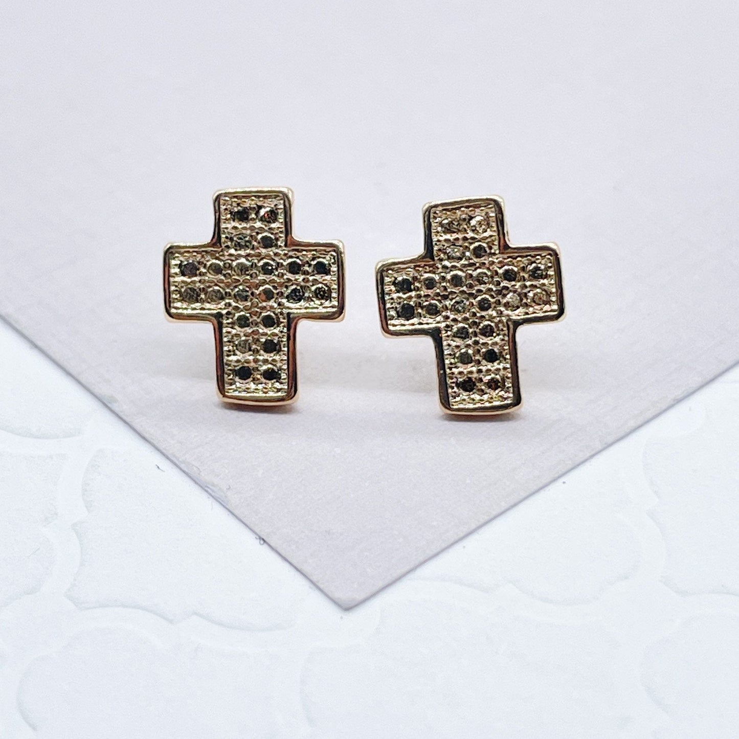 18k Gold Layered Design Pattern Casted Cross Stud Earrings Wholesale Jewelry