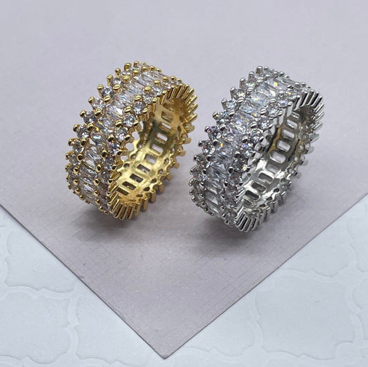 18k Gold Layered Band Ring Featuring Baguette & Micro Pave Cubic Zirconia