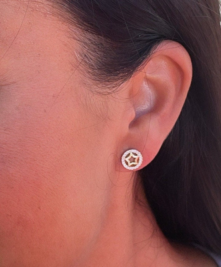 18k Gold Layered Star Inside Circle of Cubic Zirconia Stud Earrings, Small