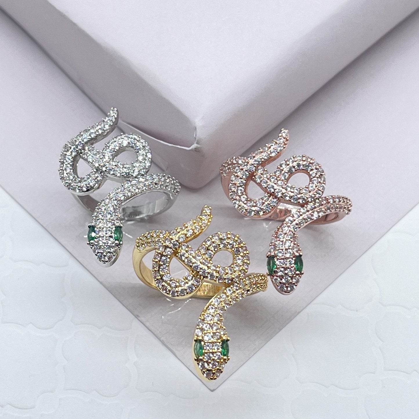 18k Gold Layered Micro Pave Cubic Zirconia Snake Ring Featuring Simulated Emerald