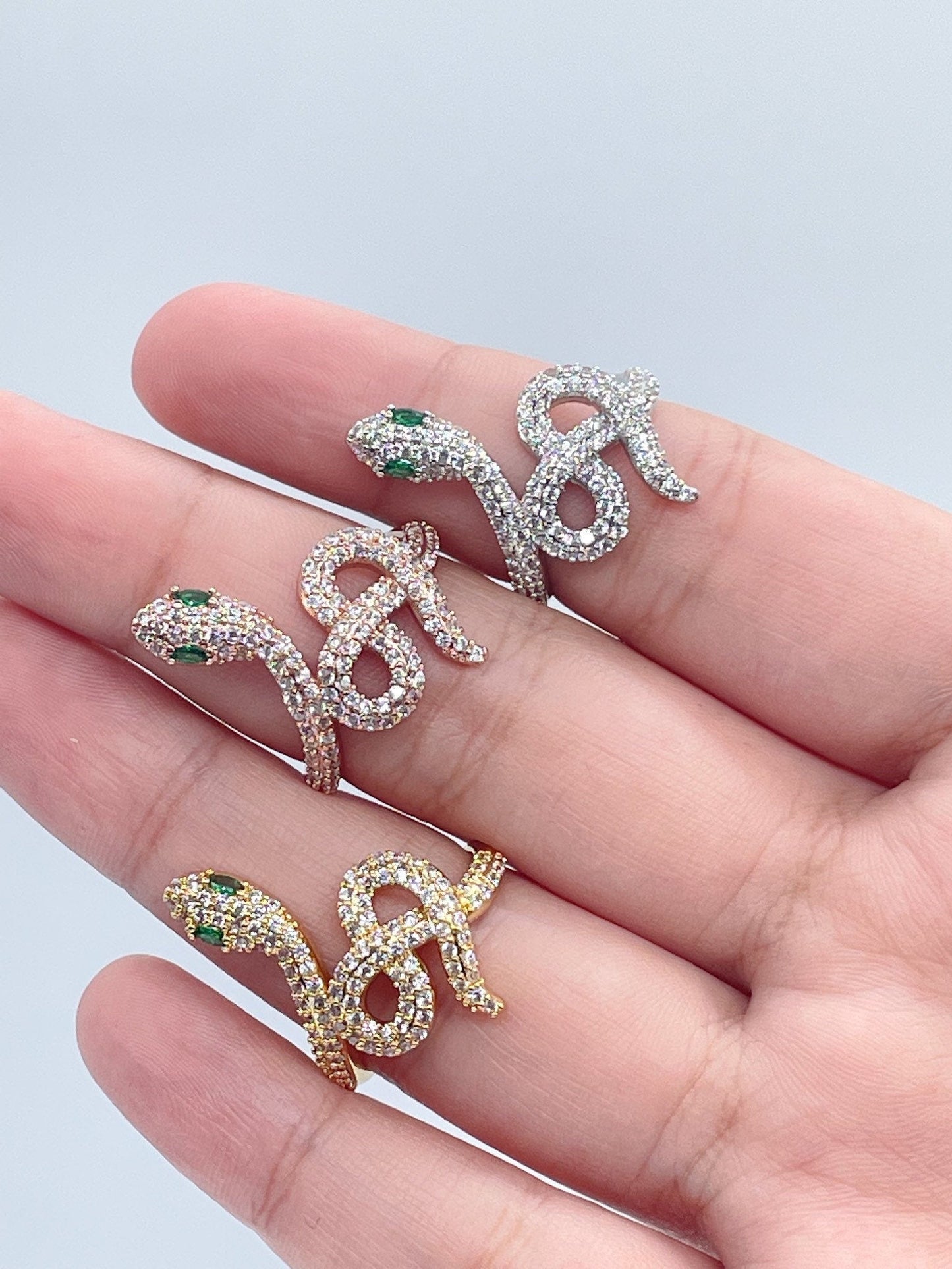18k Gold Layered Micro Pave Cubic Zirconia Snake Ring Featuring Simulated Emerald