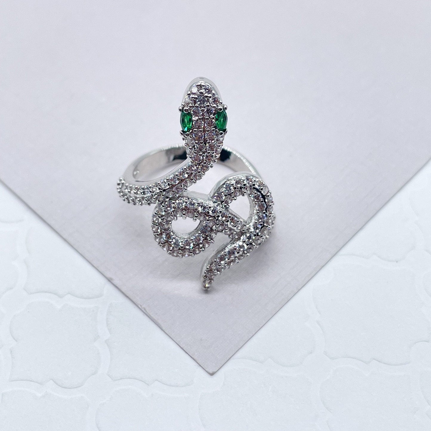18k Gold Layered Micro Pave Cubic Zirconia Snake Ring Featuring Simulated Emerald