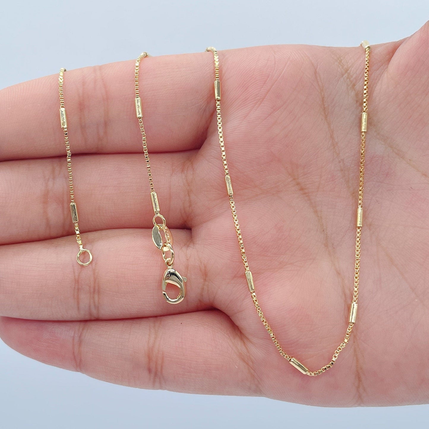 18k Gold Layered 1mm Dainty Interspersed Bar Dash Box Chain Necklace for