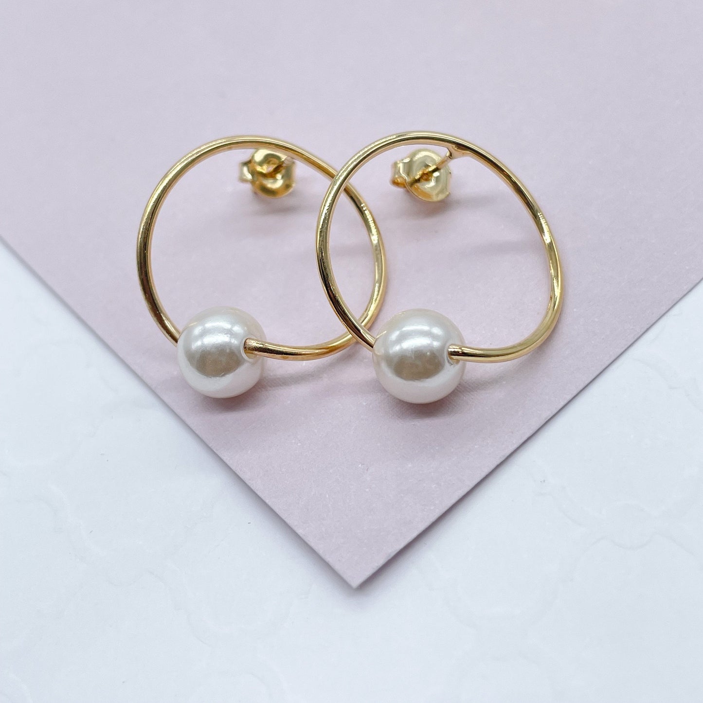 18k Gold Layered Designed Thin Hoop Earring With Simulated Pearl Wholesale