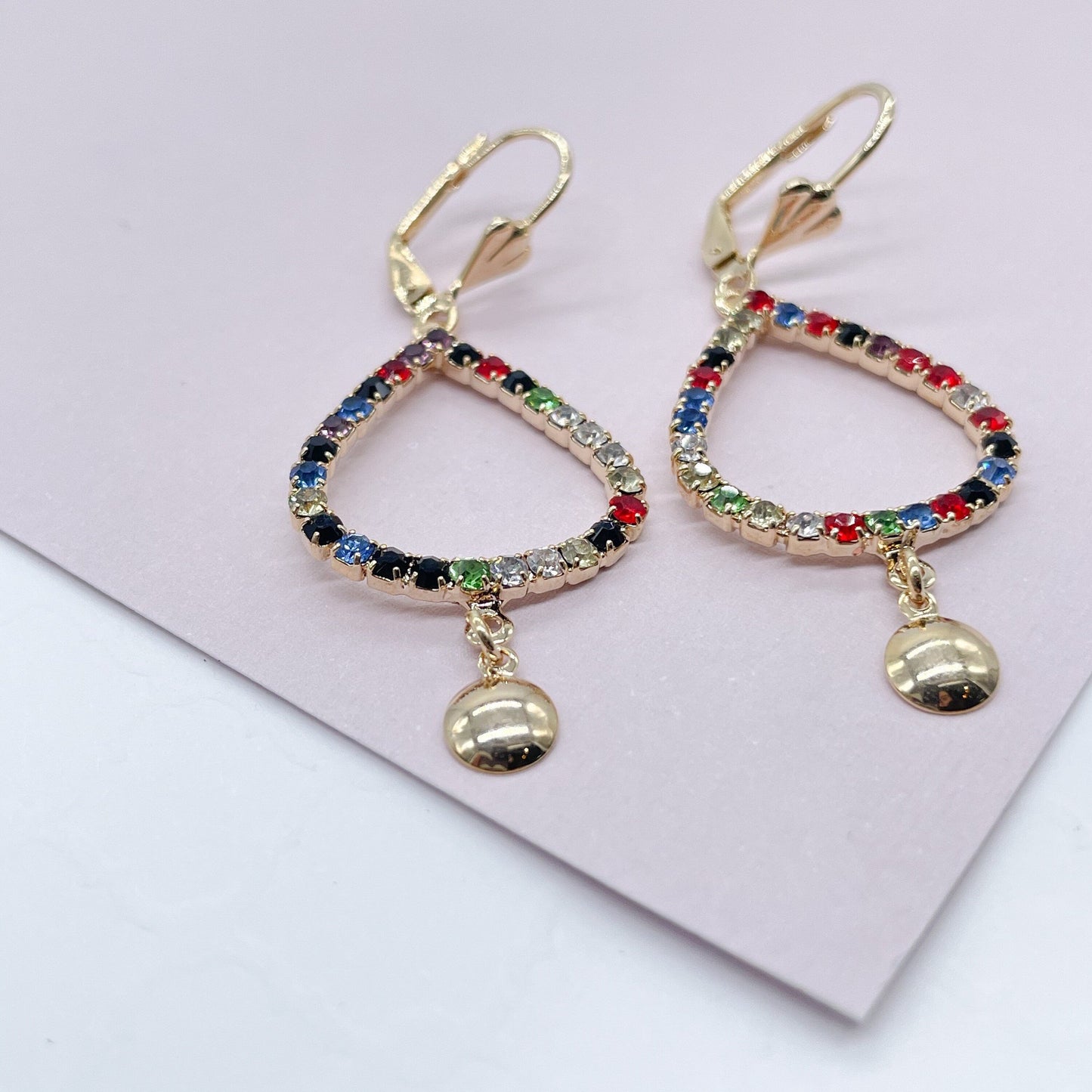 18k Gold Layered Drop Shape Leverback Earrings Featuring Multicolor Cubic