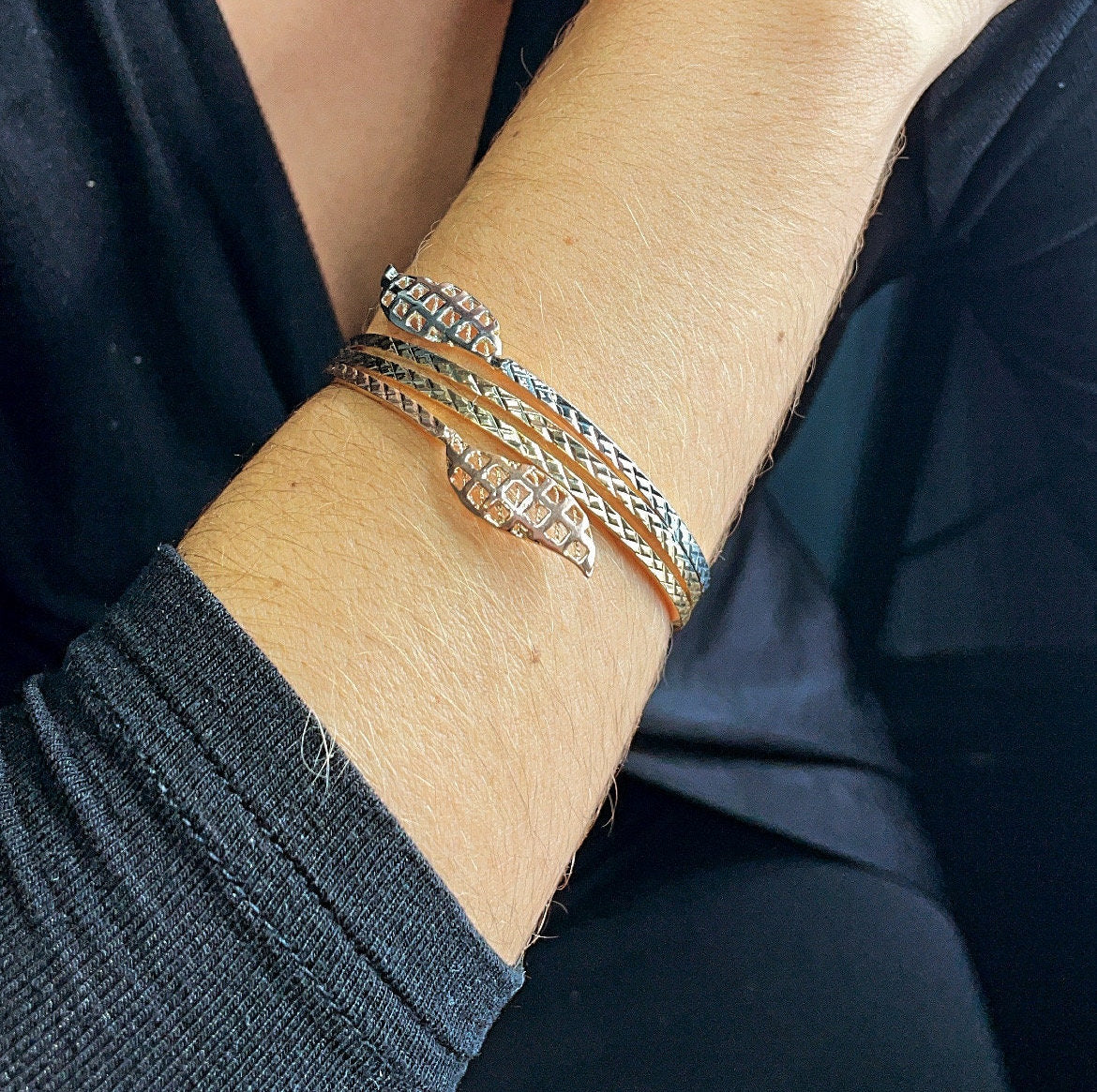 18k Gold Layered Tri-Color Cuff Bracelet Featuring Texture Leaves On Two Ends,