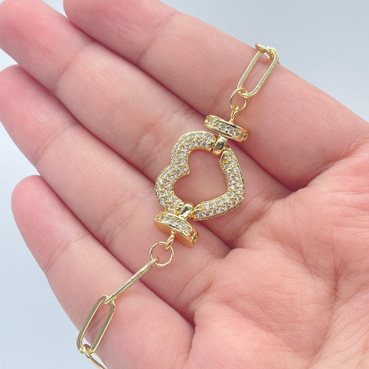 18k Gold Layered Paper Clip Link Bracelet Featuring Micro Pave Cubic Zirconia