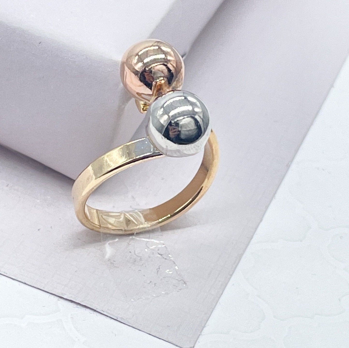 18k Gold Layered Tri Color Ball Adjustable Ring For Wholesale Jewelry Supplies