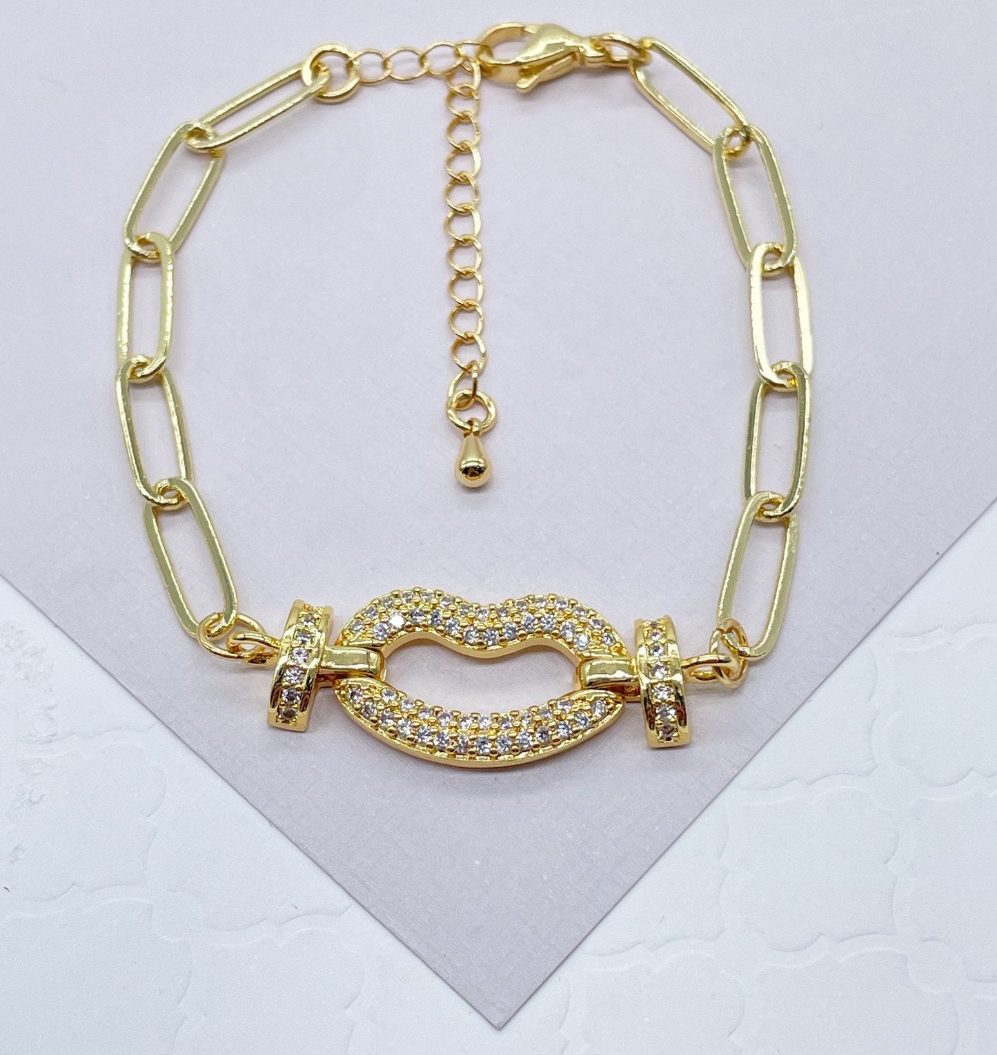 18k Gold Layered Paper Clip Link Bracelet Featuring Micro Pave Cubic Zirconia