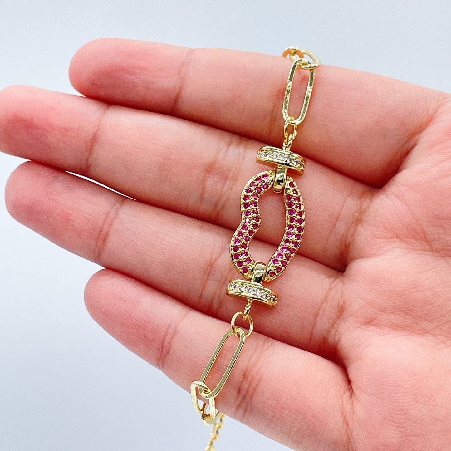 18k Gold Layered Paper Clip Link Bracelet Featuring Micro Pave Cubic Zirconia