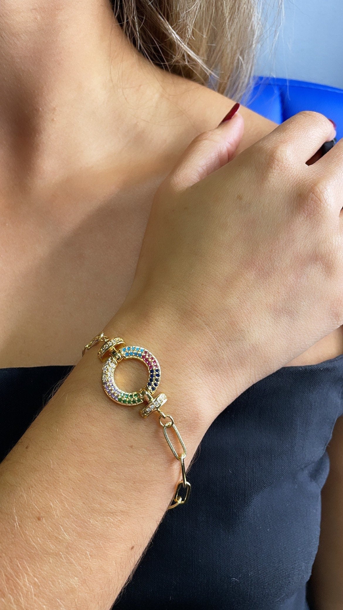 18k Gold Layered Paper Clip Link Bracelet Featuring Micro Pave Cubic Zirconia